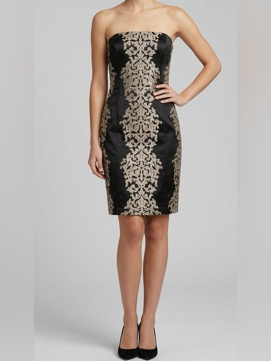 Dresses & Skirts - NWT Le Chateau Size S Strapless Cocktail Dress Black Satin Cream Embroidery